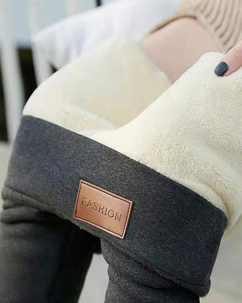 

Label Patch High Waist Thermal Warm Fleece Lined Leggings, Gray