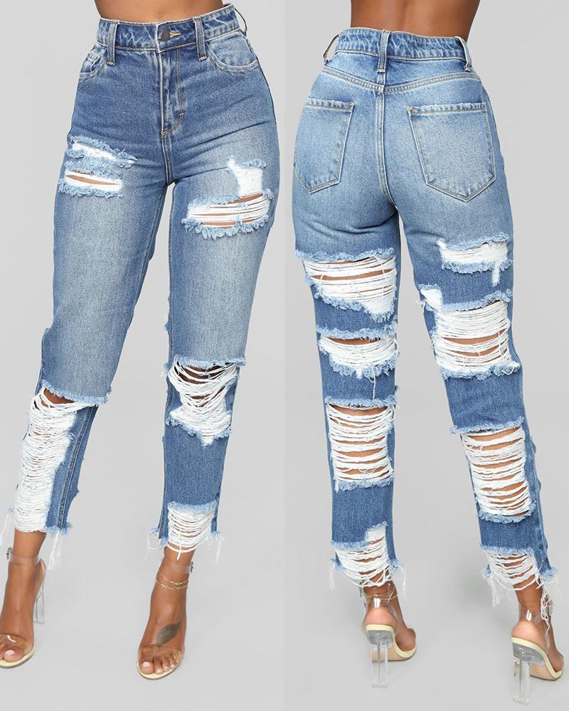 

Fringe Hem Ladder Cutout High Waist Jeans, Lighted blue