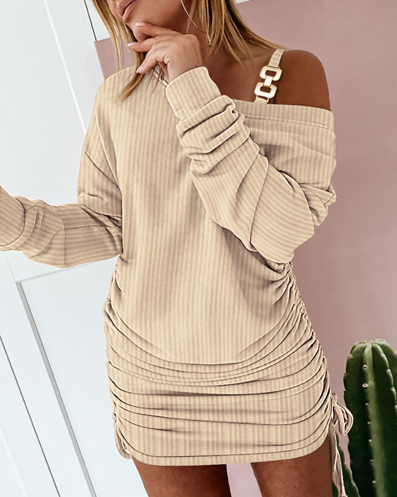 

Velvet Drawstring Ruched Chain Decor Dress, Apricot