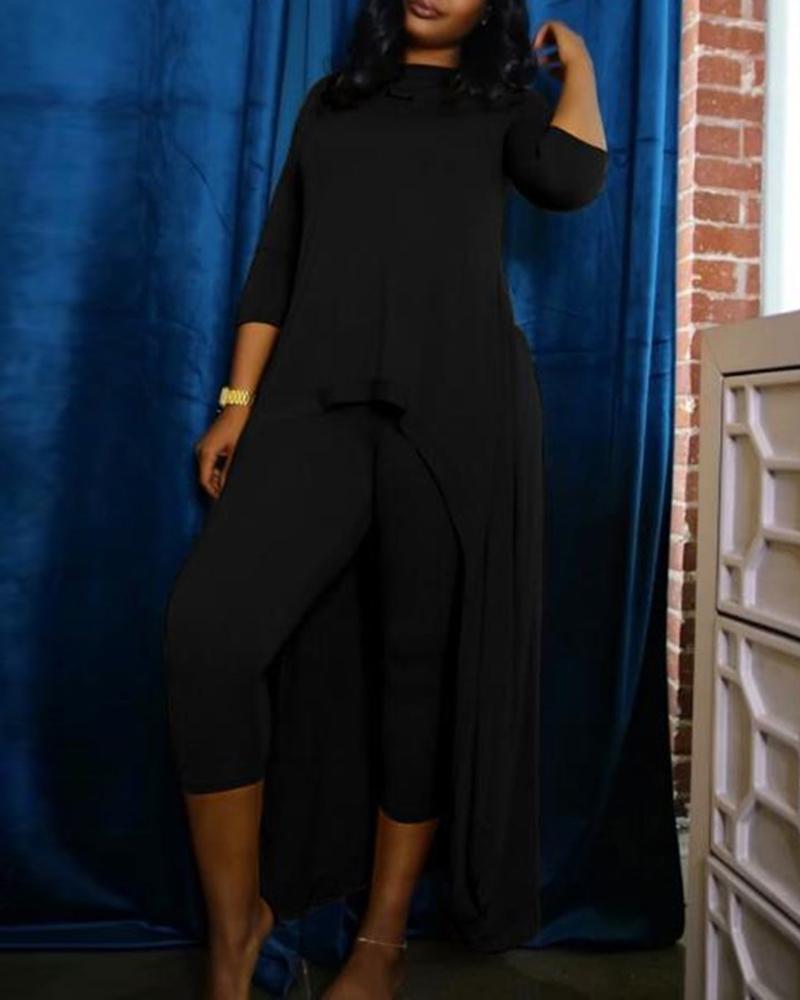 

Long Sleeve Dip Hem Top & Pants Set, Black