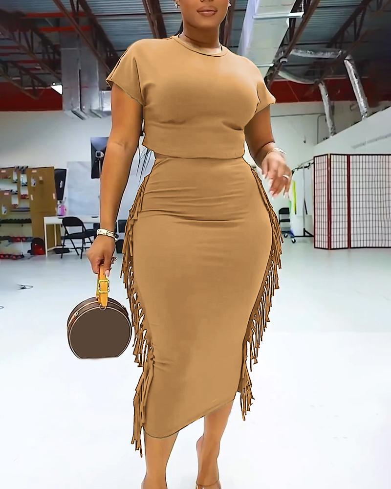 

Crop T-shirt & Tassel Design High Waist Skirt Set, Khaki