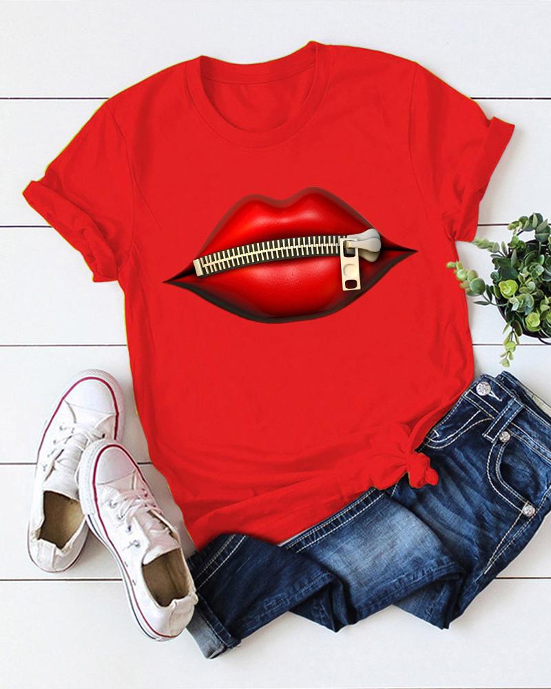 

Zipper Lip Print Short Sleeve T-Shirt, Red