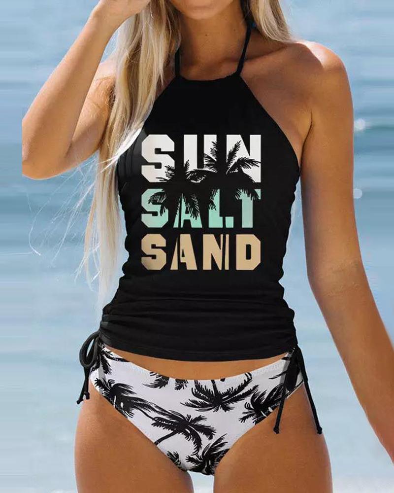 

Sun Salt Sand Coconut Tree Print Drawstring Halter Tankini Set, Black