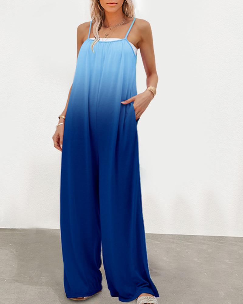 

Spaghetti Strap Tie Dye Print Pocket Design Jumpsuit, Blue