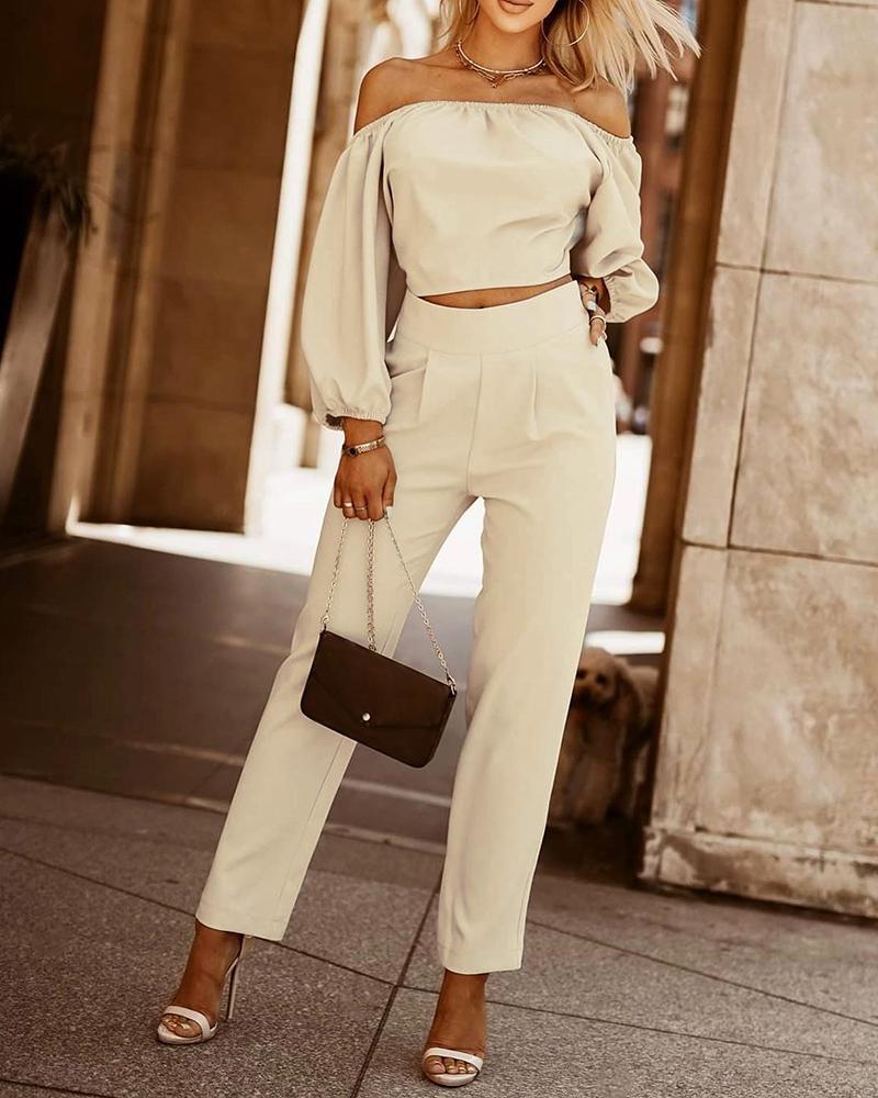 

Knotted Back Off Shoulder Top & Ruched Pants Set, Beige