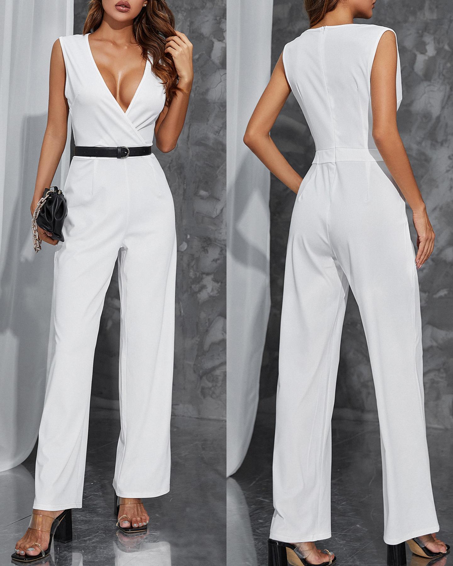 

Solid Color Sleeveless Wrap V-Neck Wide Leg Jumpsuit, White