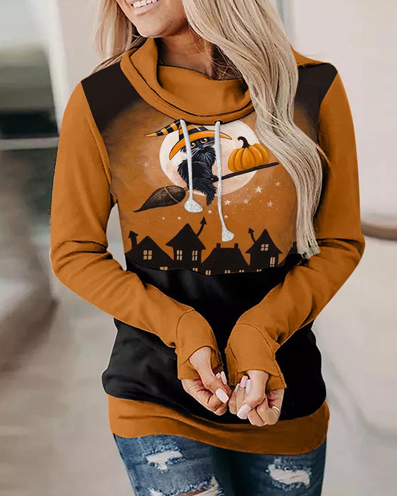 

Halloween Long Sleeve Graphic Print Hooded Top, Brown