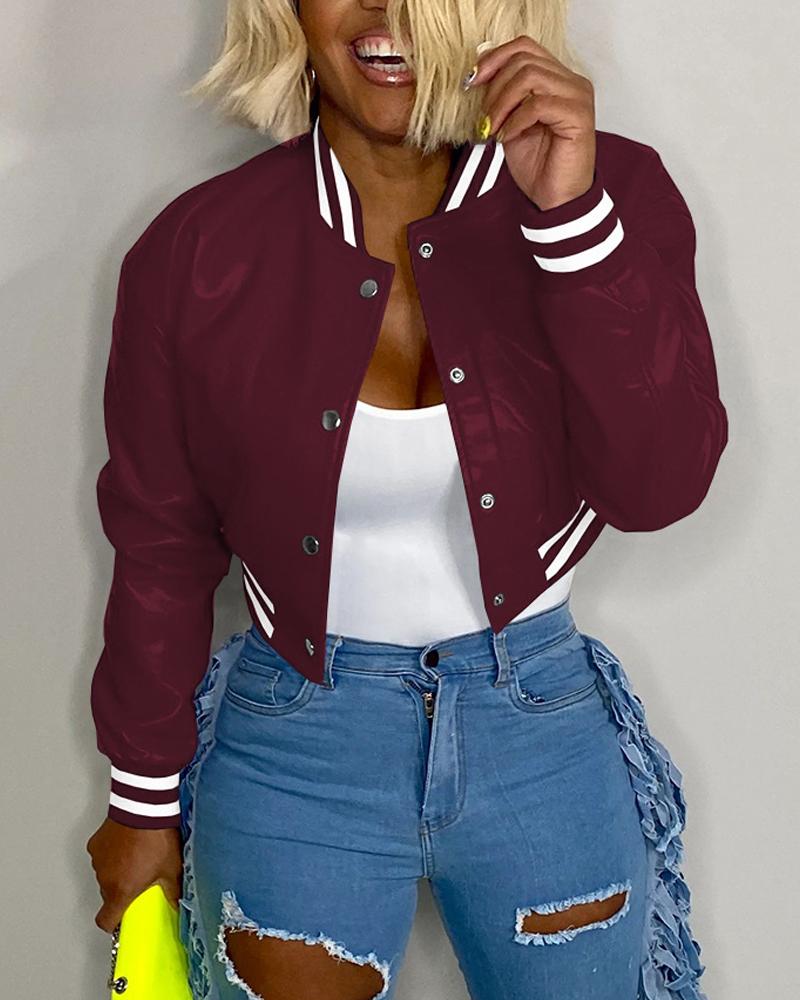 

Contrast Paneled Long Sleeve PU Leather Bomber Jacket, Wine red