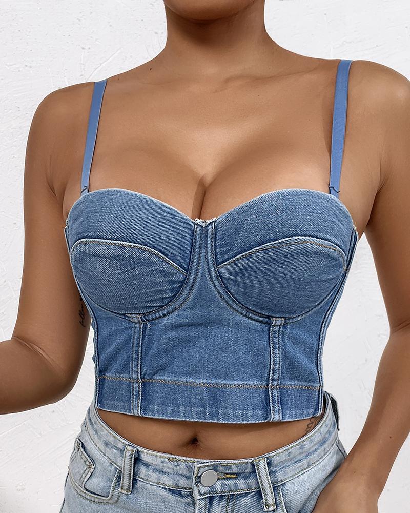 

Buckle Back Spaghetti Strap Denim Corset Top, Blue