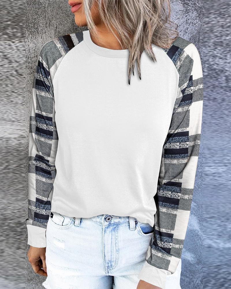 

Contrast Plaid Long Sleeve Casual Top, White