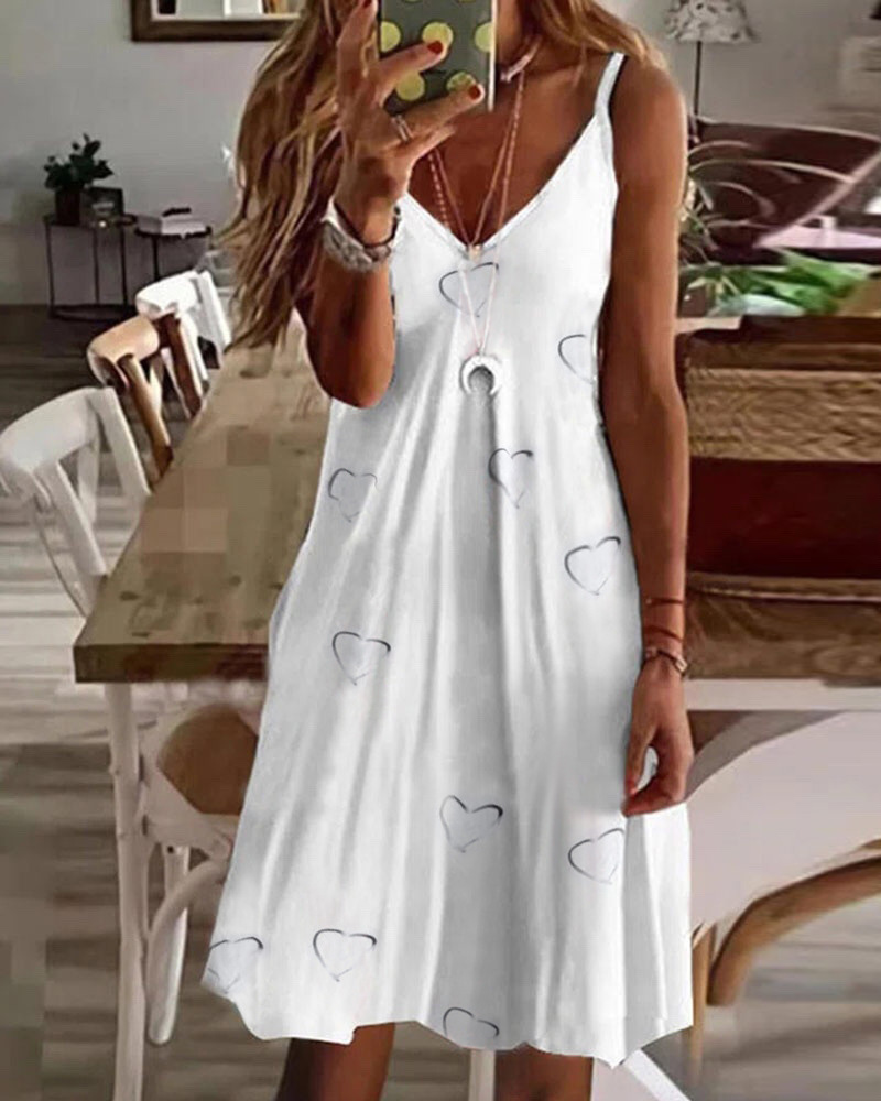 

Heart Print V-Neck Casual Dress, White