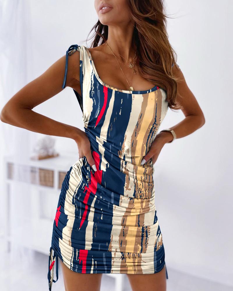 

Abstract Print Drawstring Ruched Casual Tank Dress, Multicolor