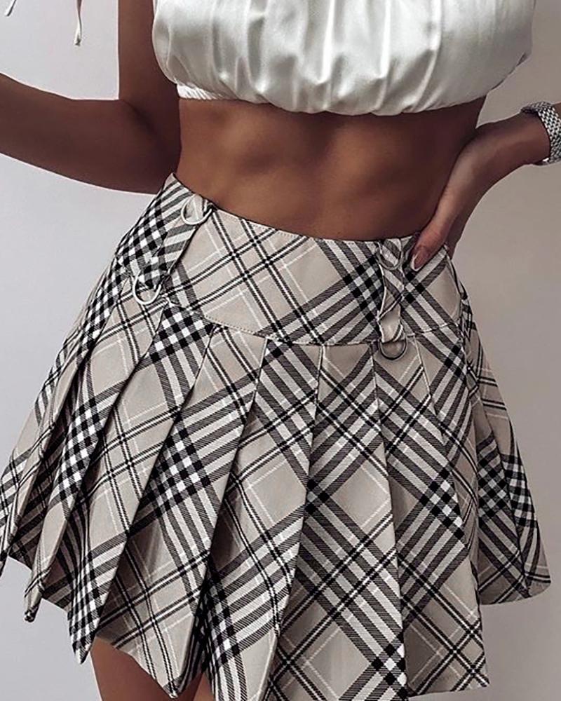 

High Waist Plaid Print Pleated Skirt, Khaki