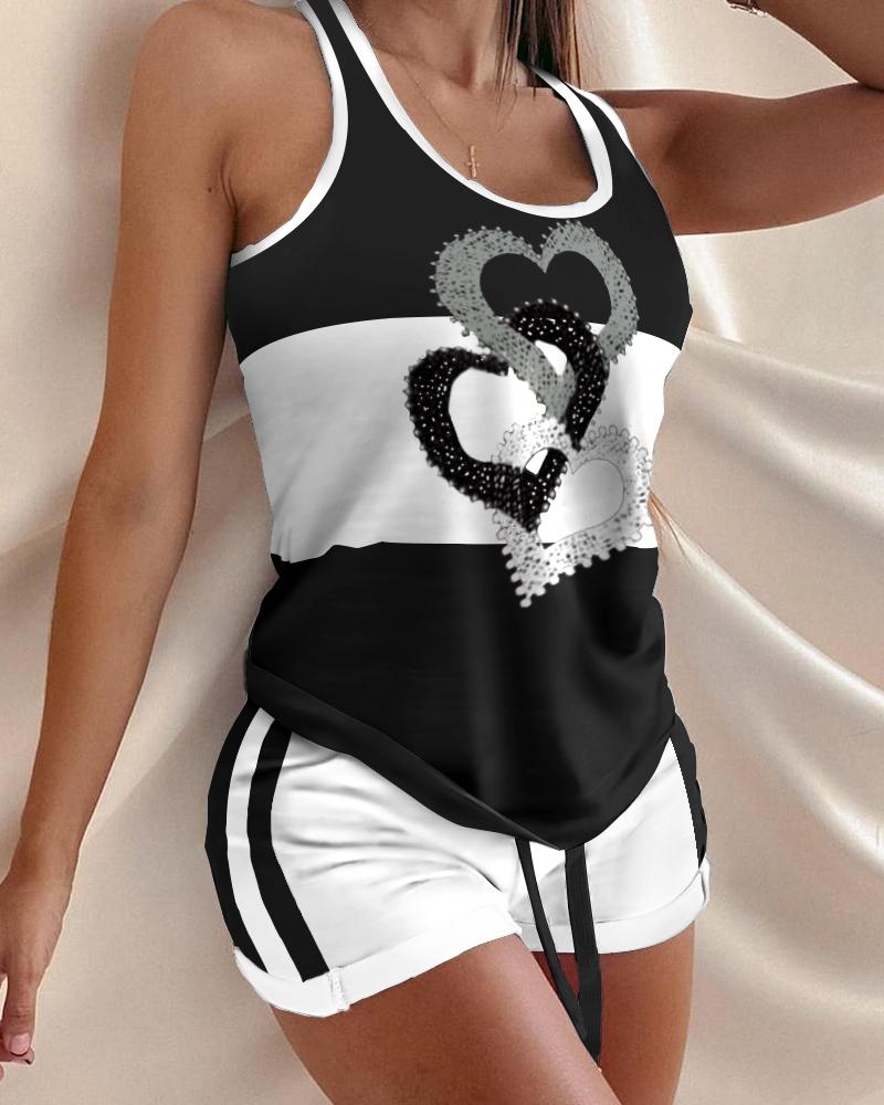 

Colorblock Heart Print Drawstring Pajamas Set, Black