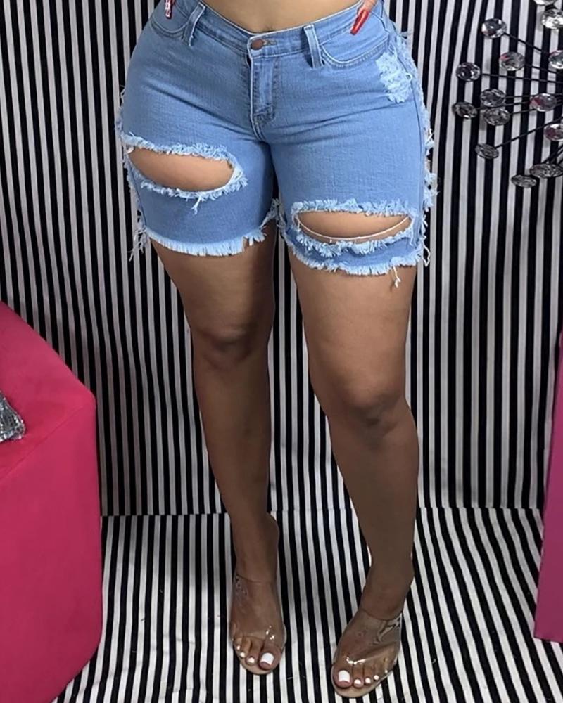 

Cut Out Ripped High Waist Denim Shorts, Lighted blue