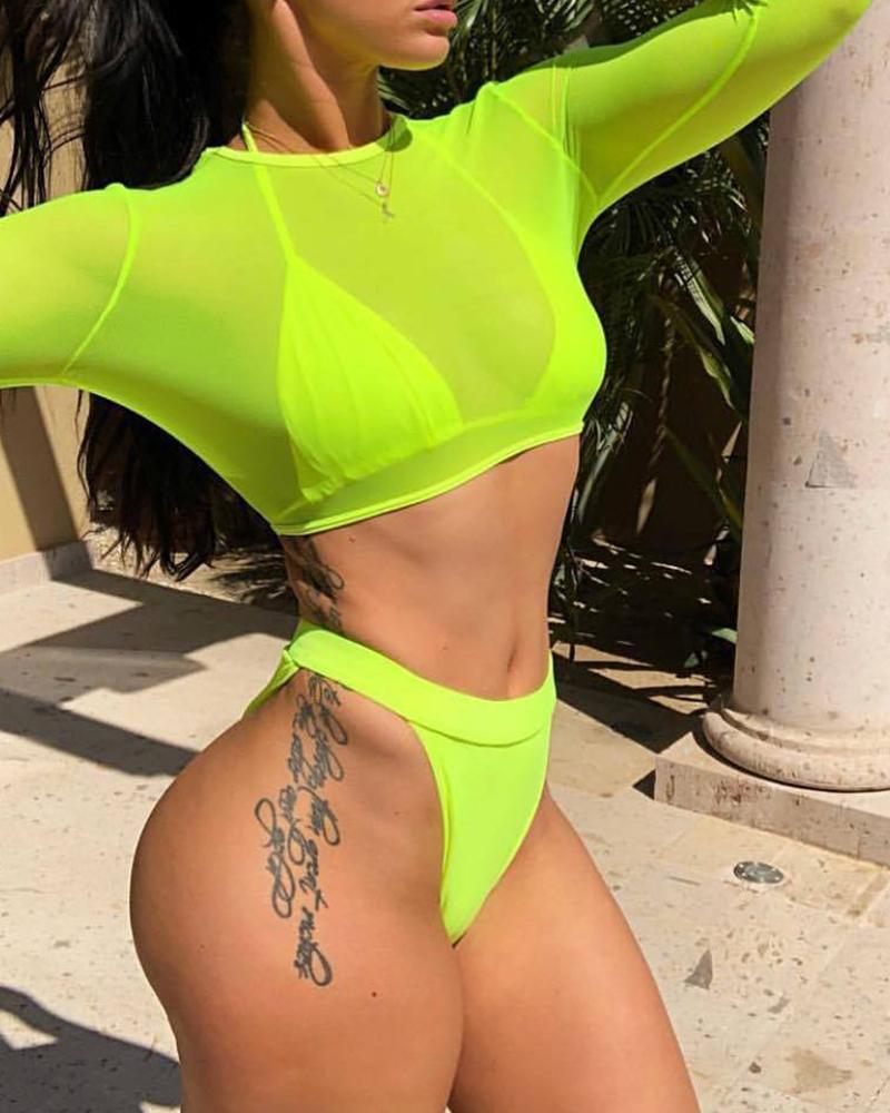 

3PCS Halter Neck Long Sleeve Sheer Mesh Bikini Set, Green