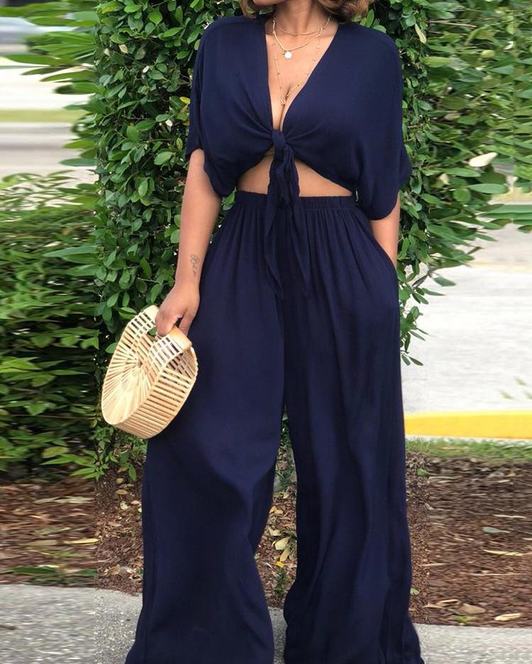 

Solid Knot Front Crop Top & Wide Leg Pants Sets, Dark blue