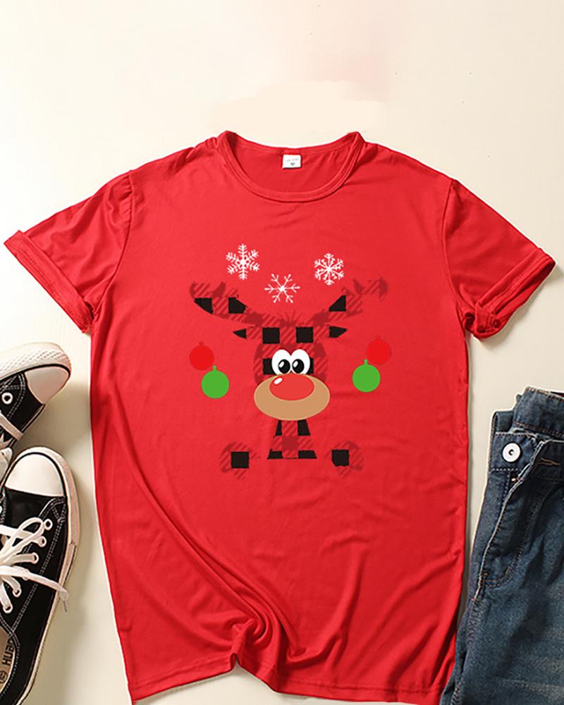 

Christmas Elk Snowflake Plaid Print Short Sleeve T-shirt, Red