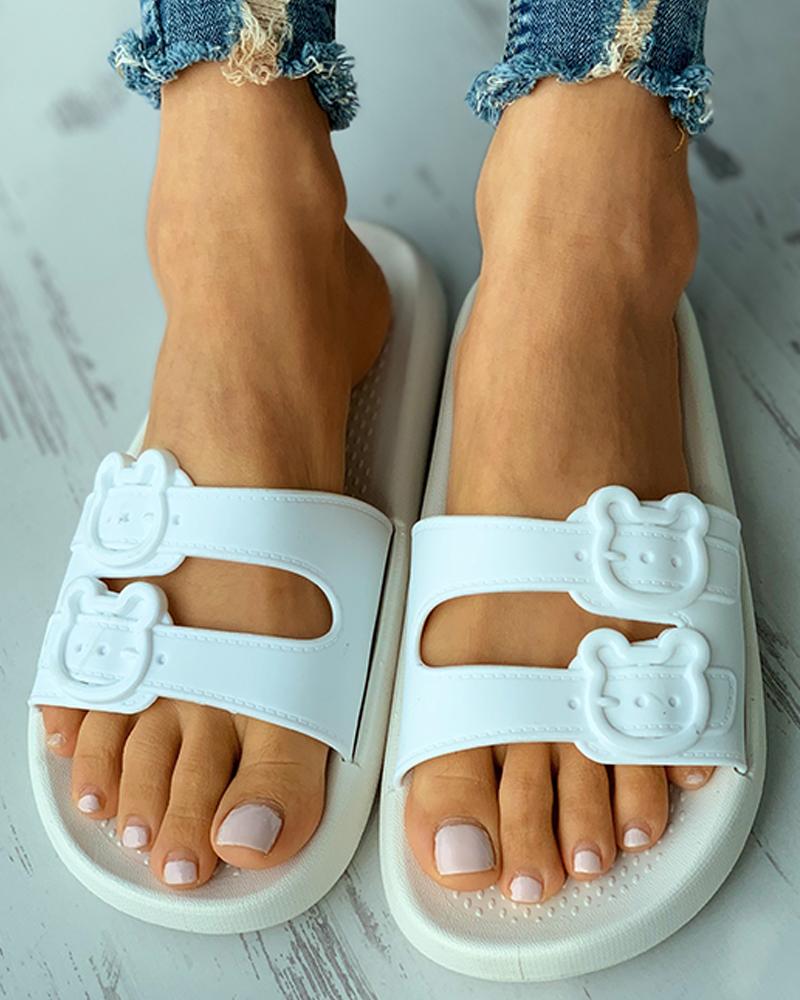 

Bear Pattern Buckled Flat Sandals, White