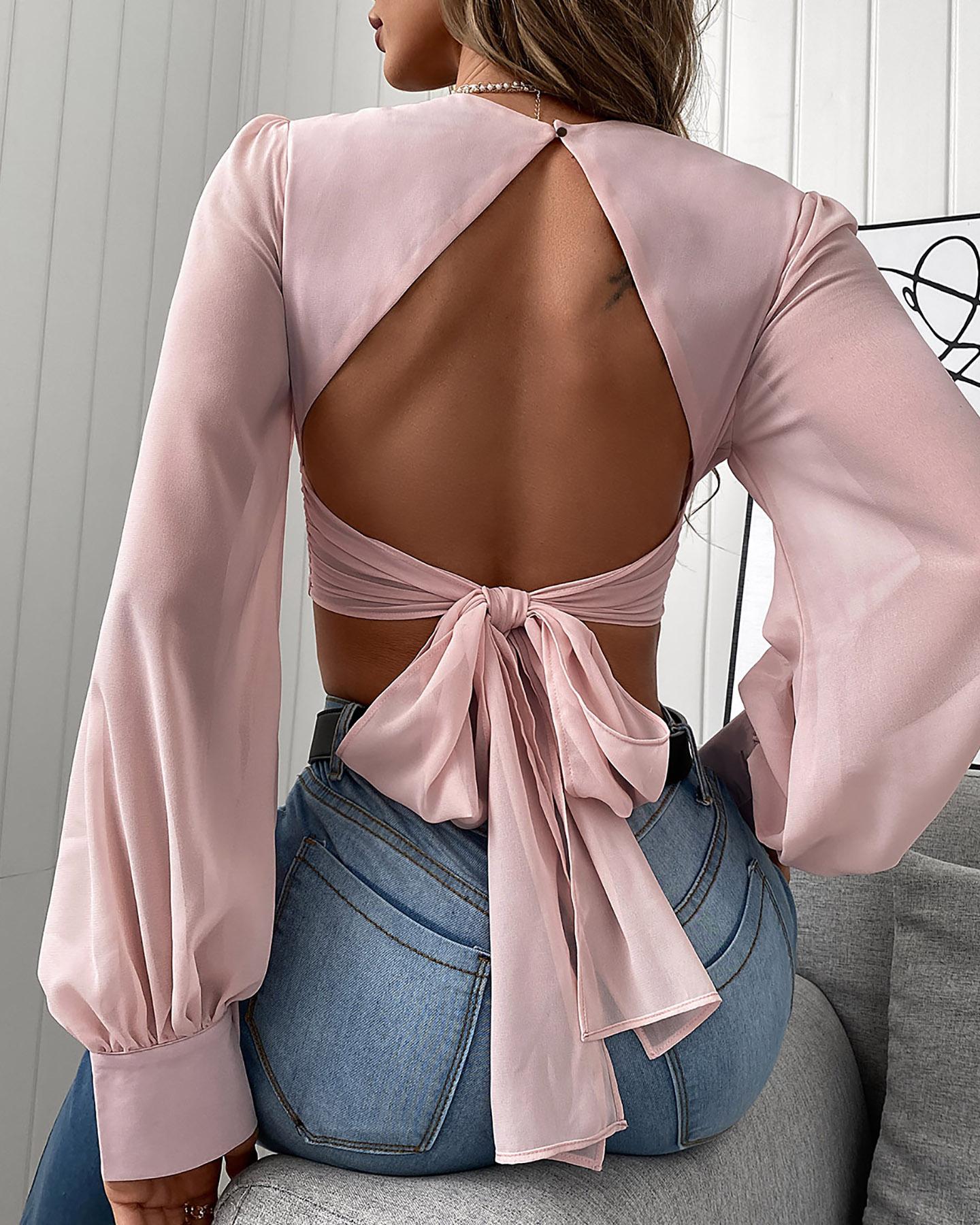 

Lantern Sleeve Tied Detail Backless Crop Top, Pink