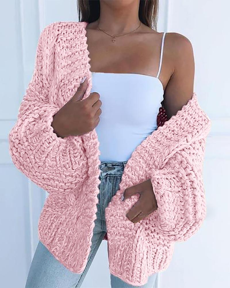 

Braided Knit Lantern Sleeve Casual Cardigan Plain Casual Open Front Rib-knit Coat, Pink