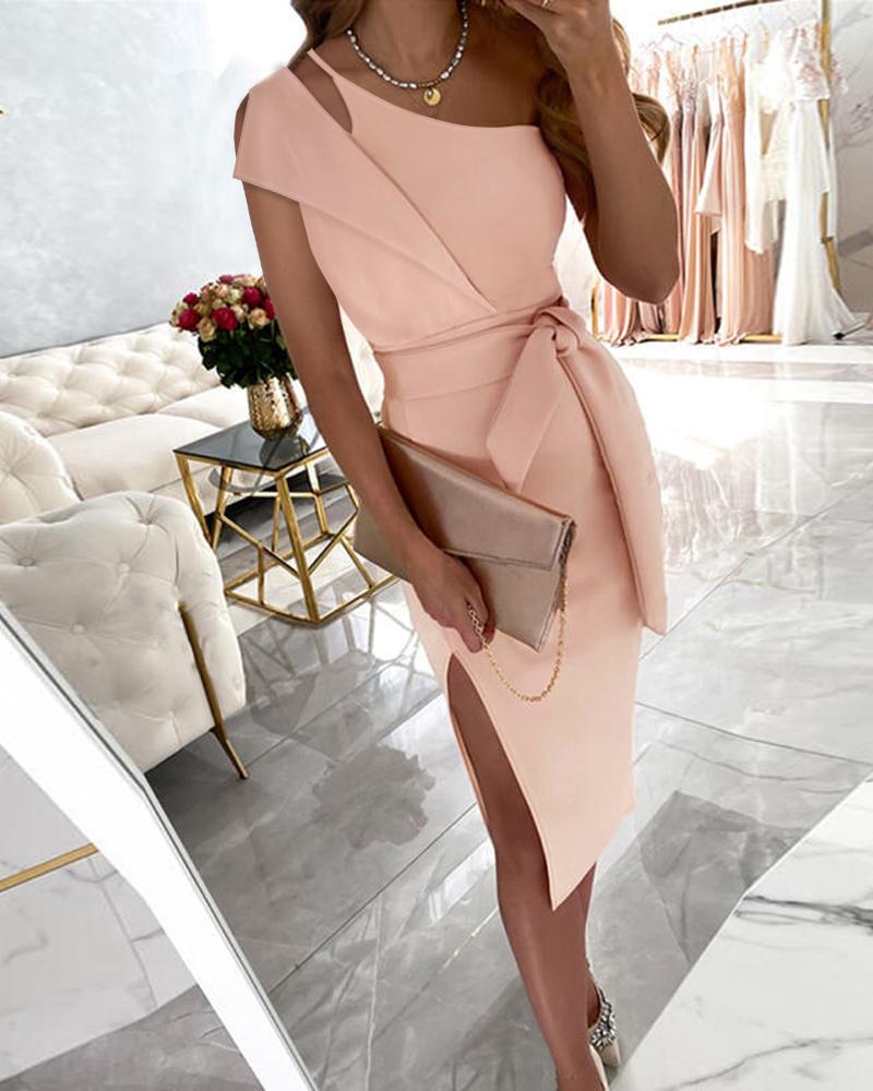 

Patchwork One Shoulder Split Thigh Belted Party Dress, Pink