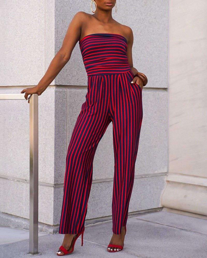 

Striped Print Sleeveless Tube Jumpsuit, Wine red