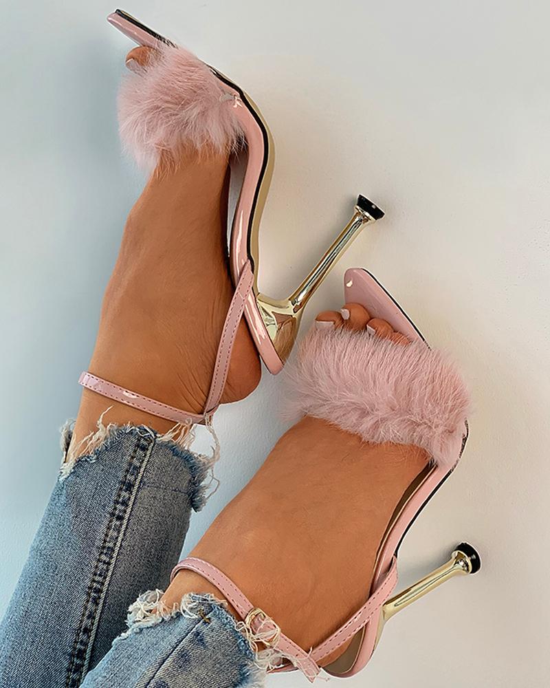 

Fluffy Pointed Toe Heeled Sandals, Pink