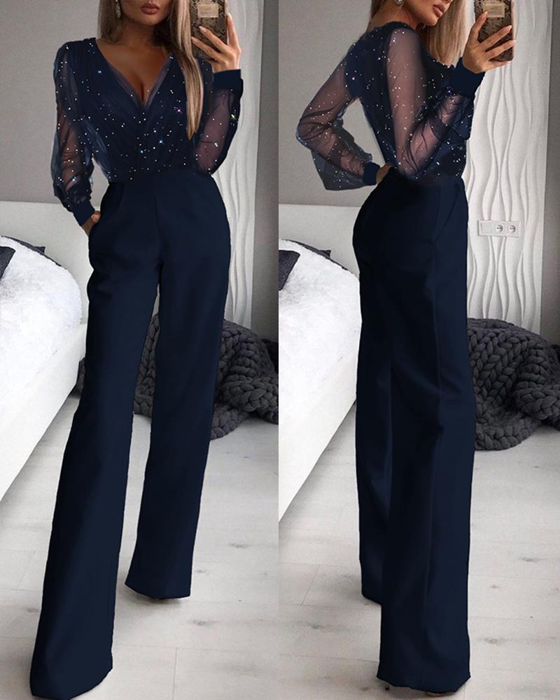 

Glitter Contrast Mesh Straight Leg Jumpsuit, Purplish blue