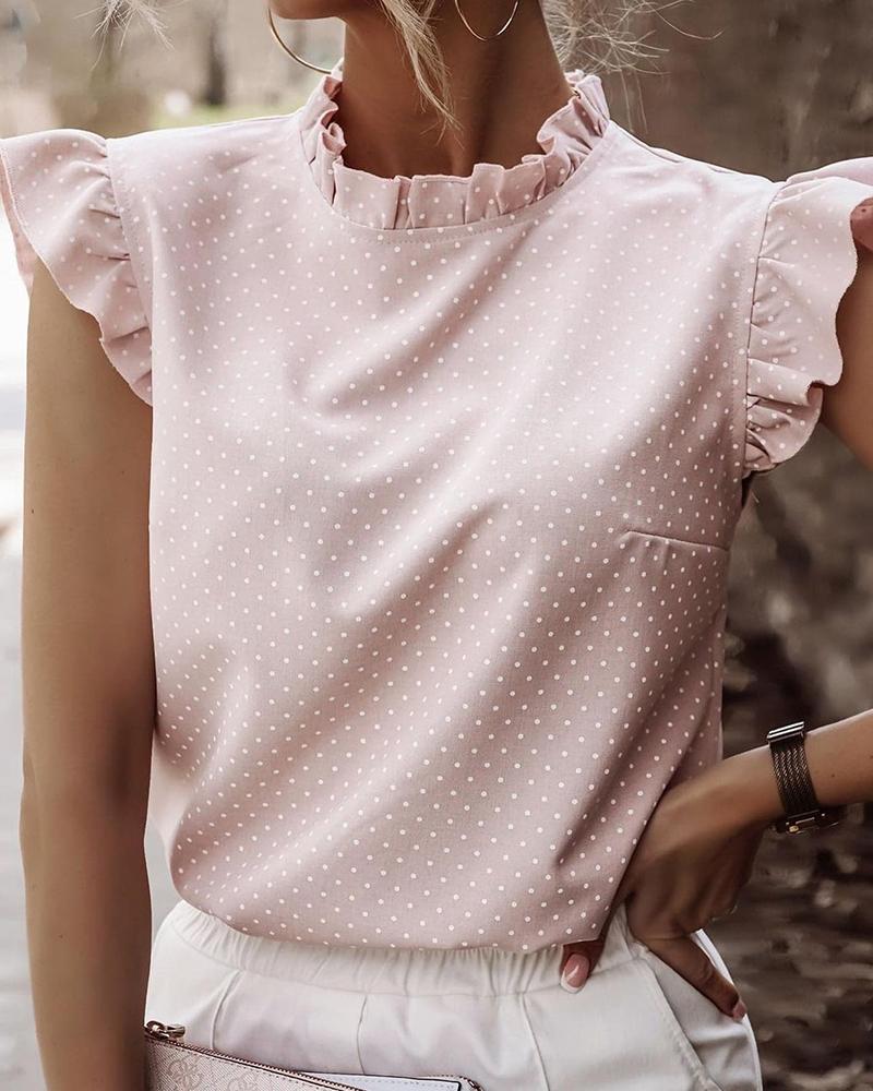 

Polka Dot Ruffle Hem Sleeveless Tank Top, Pink