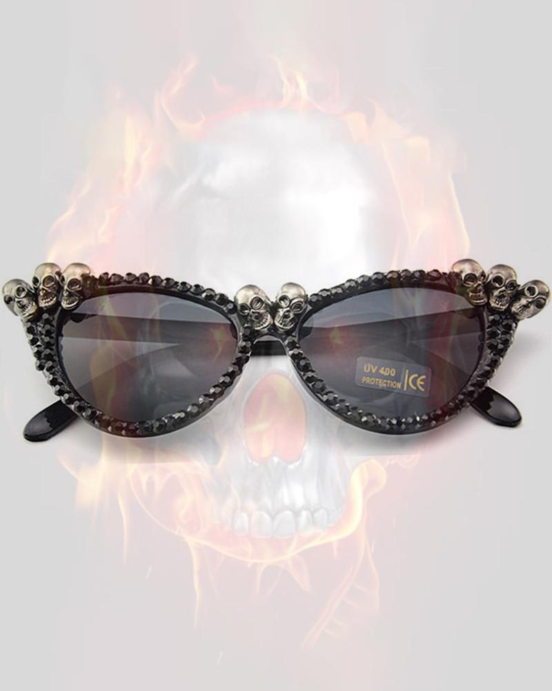 

1Pair Halloween Skull Rhinestone Decor Cat Eye Party Sunglasses, Black