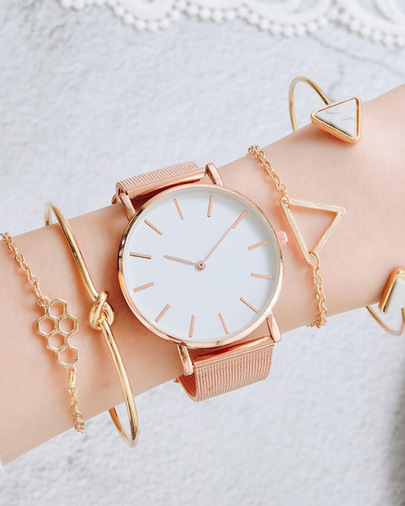 

Round Quartz Watch & Geometric Chain Bracelet Set, Gold