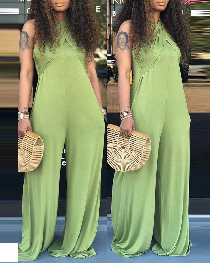 

Crisscross Halter Sleeveless Wide Leg Jumpsuit, Green