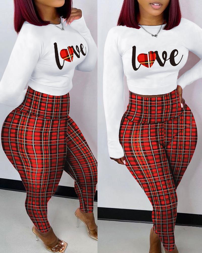 

Heart Letter Print Long Sleeve Top & Plaid Pants Set, Red