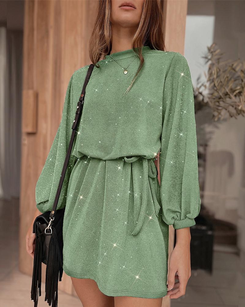 

Vestido curto com manga lanterna e amarração e glitter, Green
