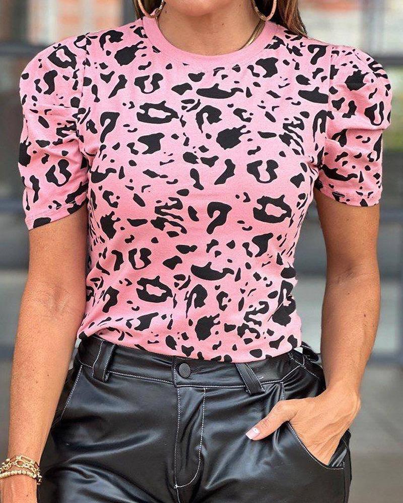 

Leopard Print O-Neck Puff Sleeve Top, Hot pink