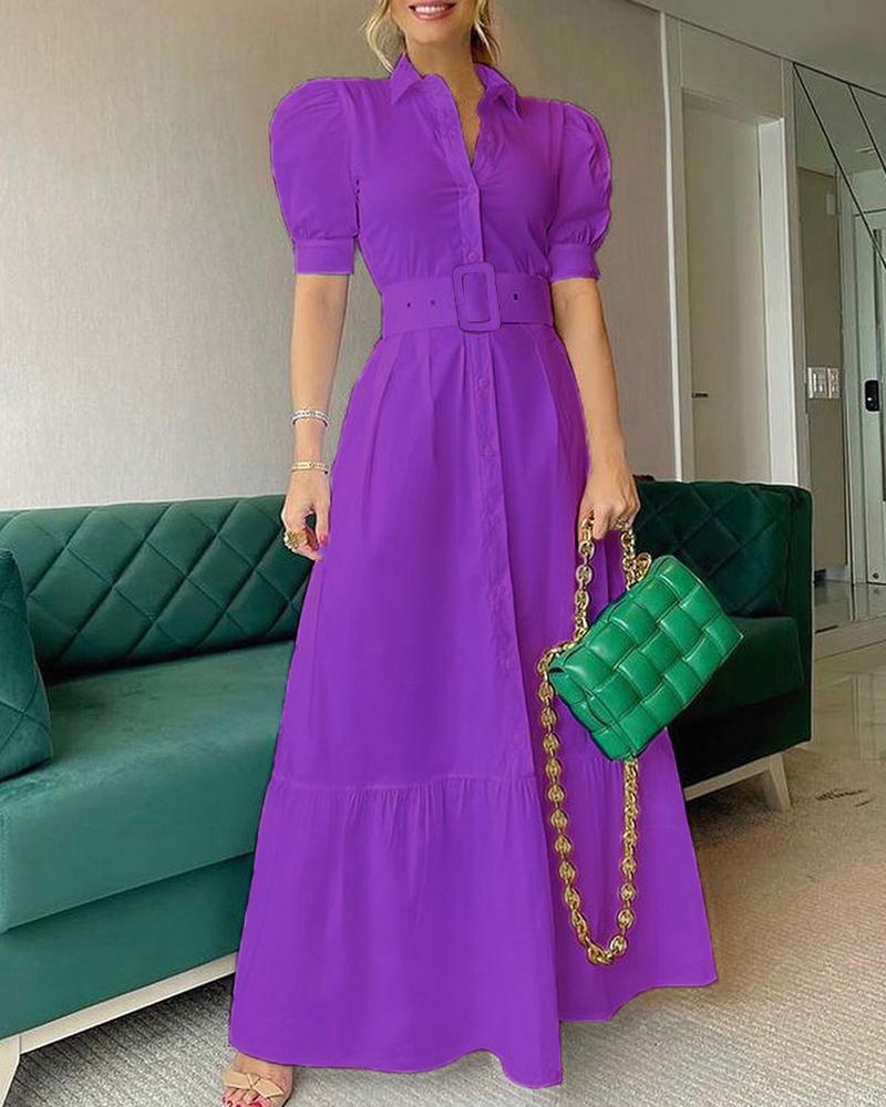 

Women Elegant Plain Puff Sleeve Buttoned Shirt Dress Casual Maxi Dress Vacation Dress, Purple