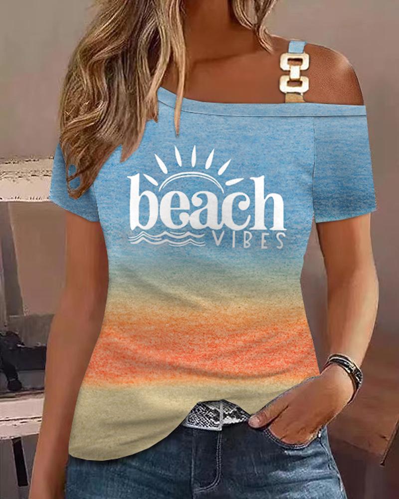 

Beach Landscape Print Ombre Cold Shoulder T-shirt, Multicolor