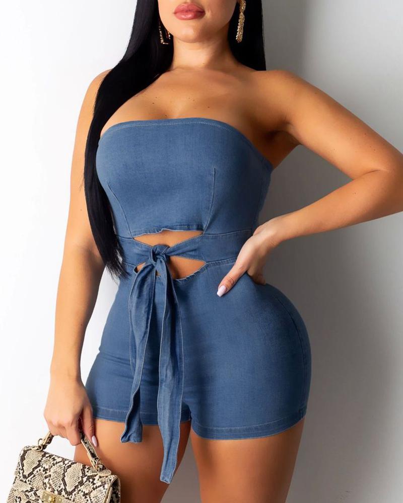 

Off Shoulder Cutout Denim Romper, Blue
