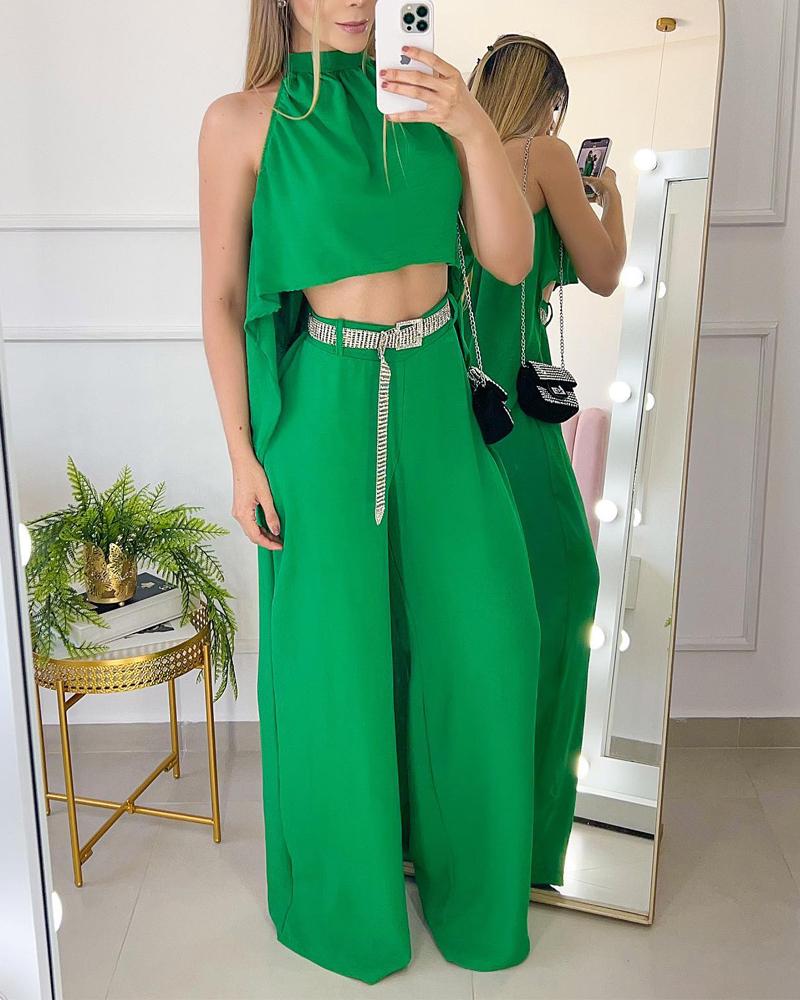 

Halter Backless High Low Hem Top & Pants Set, Green