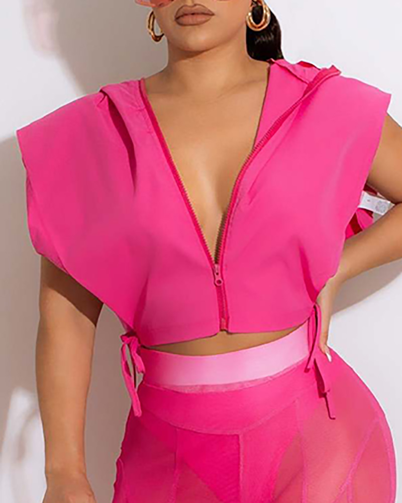 

Zipper Front Cape Sleeve Side Slit Hooded Top, Hot pink