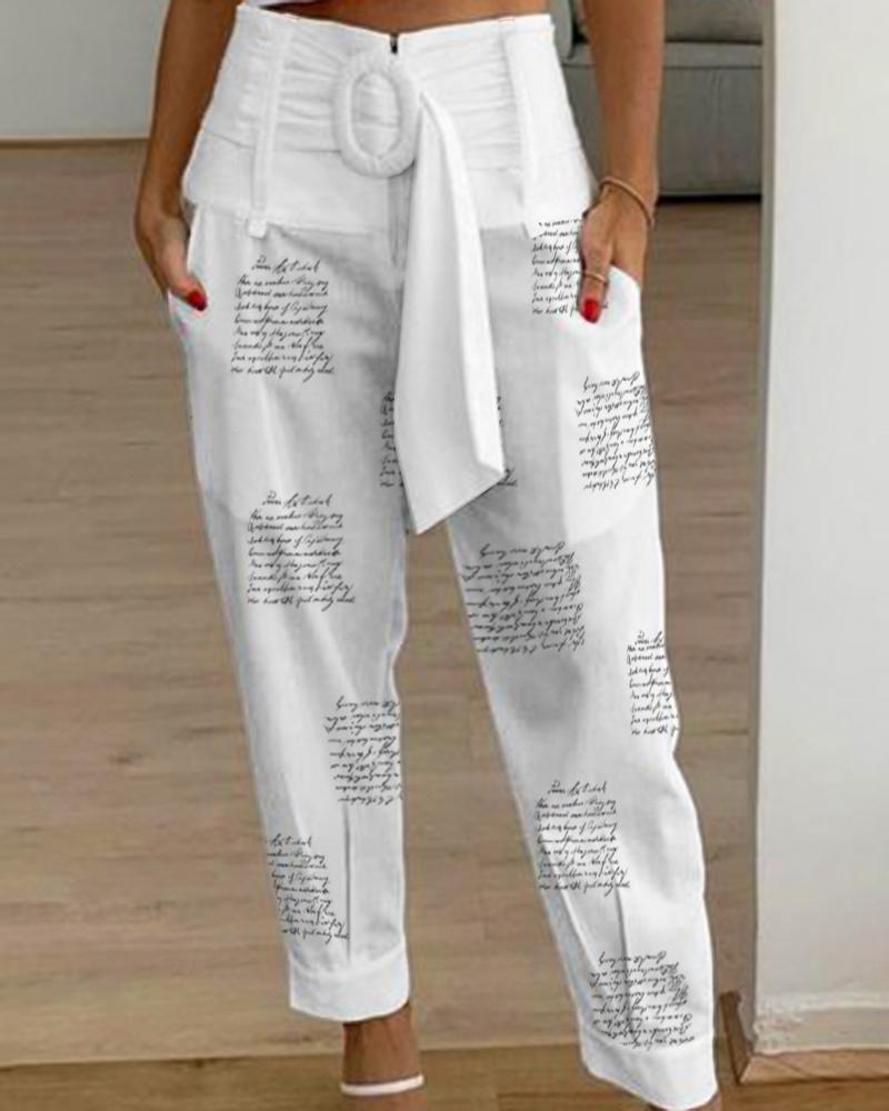 Letter Print Belted Cuffed Pants