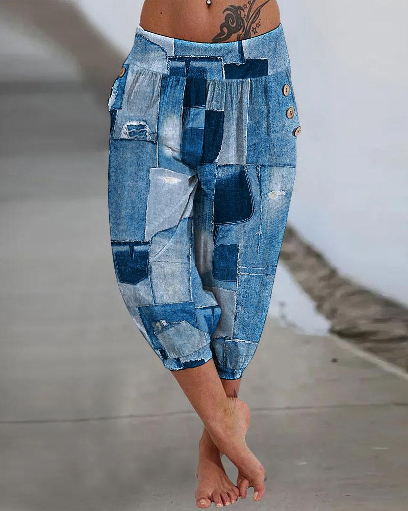 

Denim Look Print Low Waist Capris Pants, Blue
