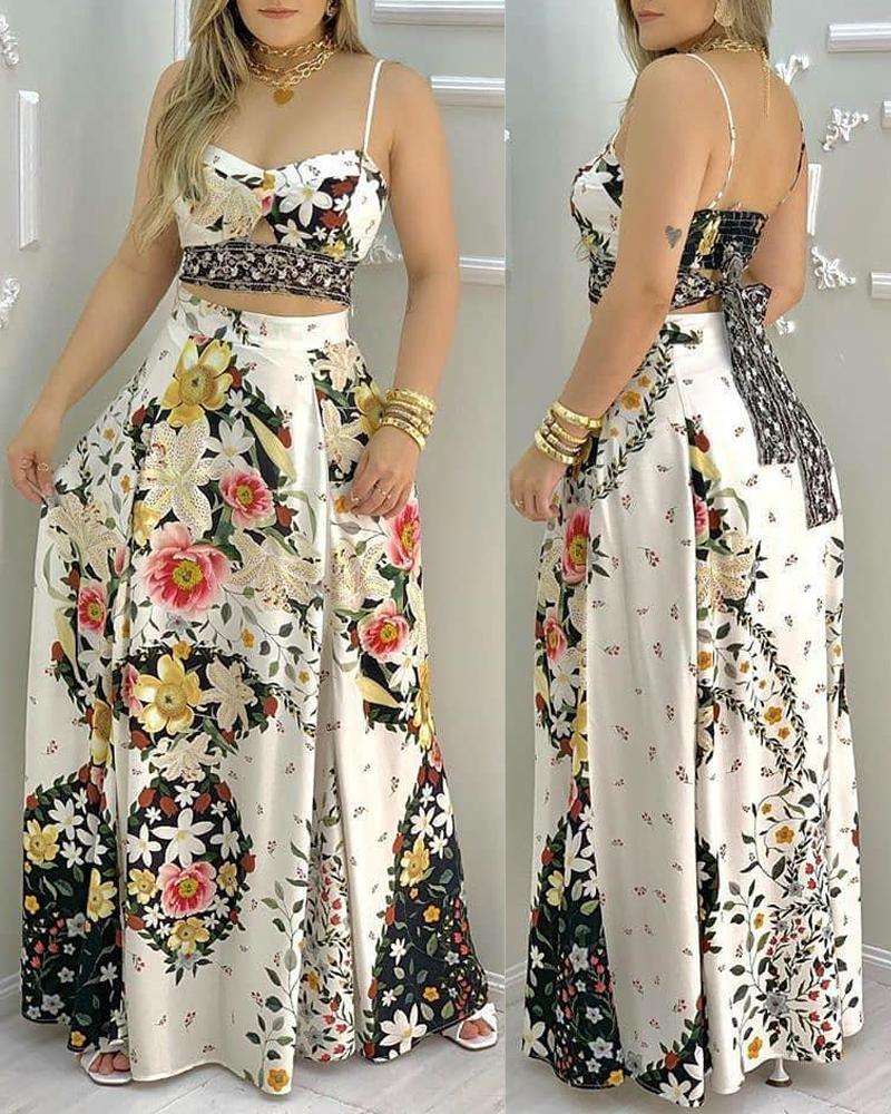 

Floral Print Tied Detail Crop Cami Top & Skirt Set, White