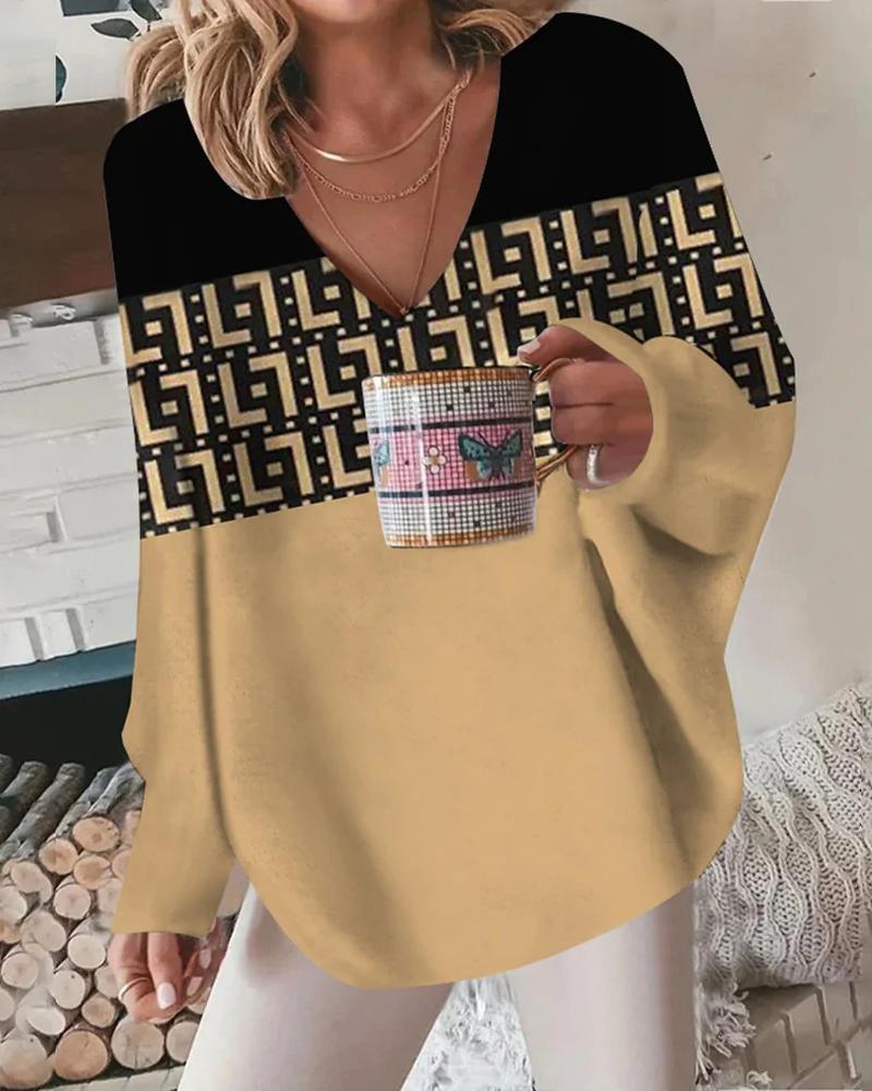 

Geometric Print Long Sleeve Casual Top, Khaki