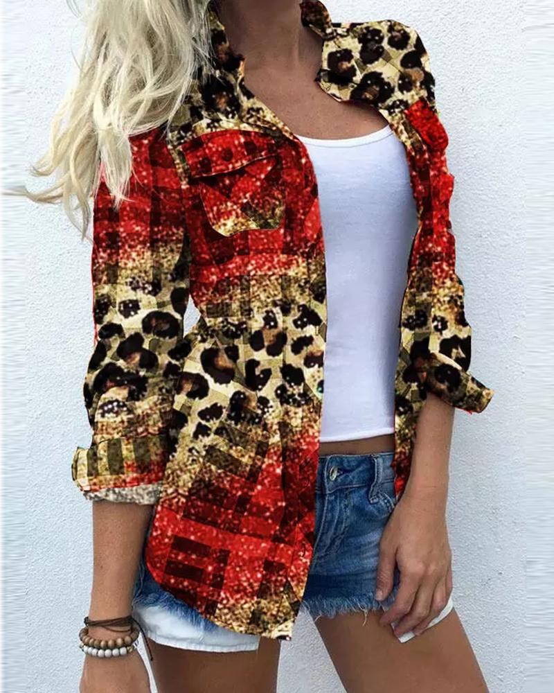 

Plaid Cheetah Print Long Sleeve Shirt, Red