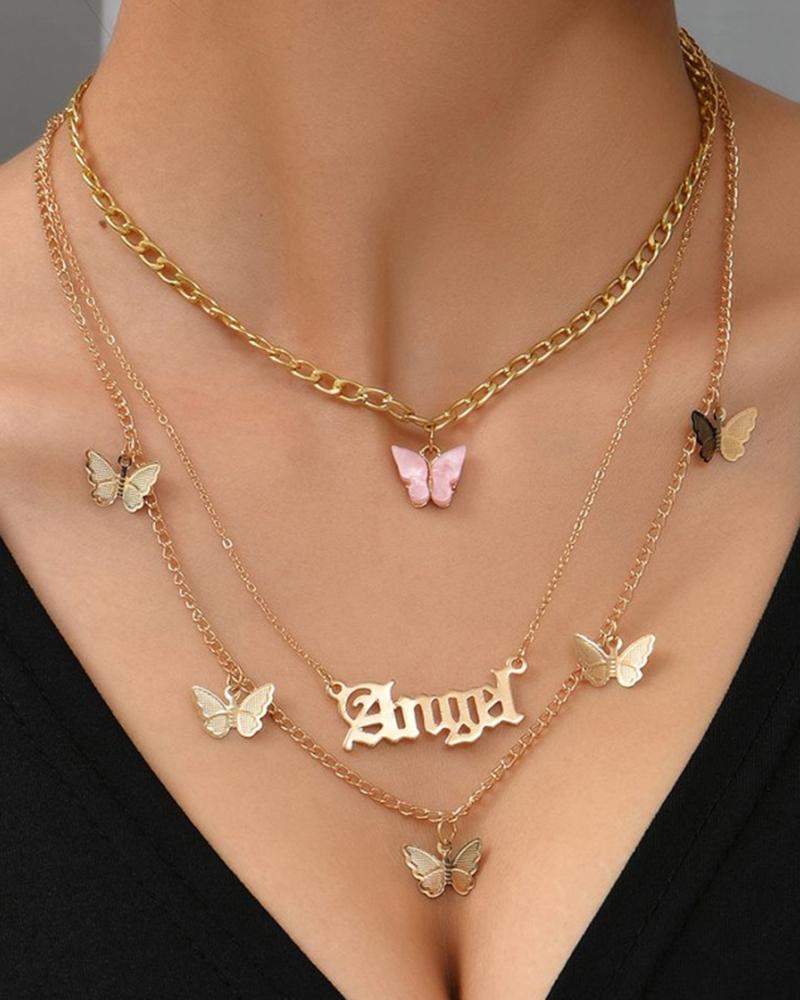 

3PCS/Set Butterfly Angel Letter Pendant Necklaces, Pink