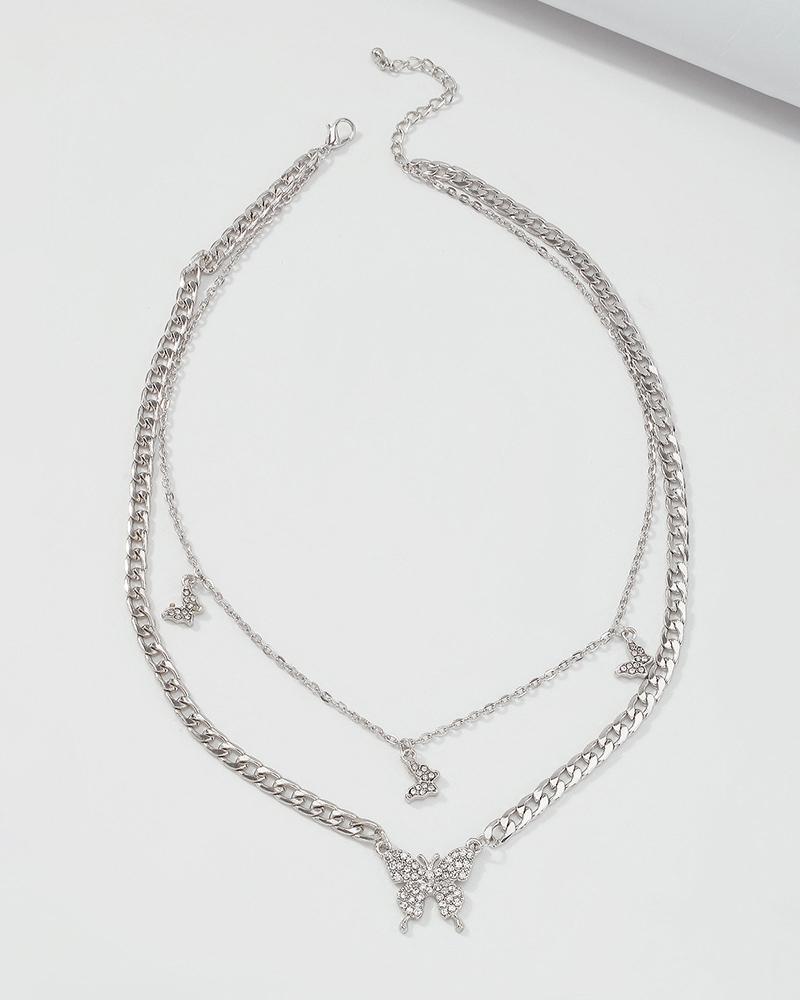 

Rhinestone Butterfly Pendant Multilayer Chain Necklace, Silver