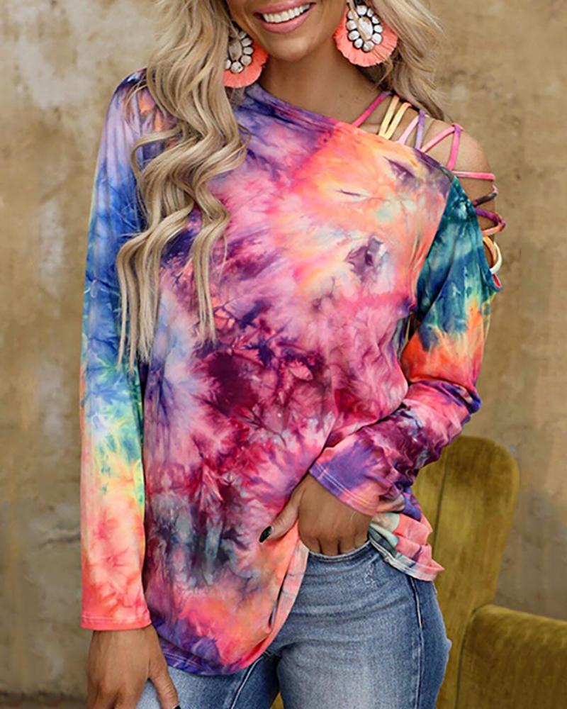 

Tie Dye Print Asymmetrical Neck Long Sleeve Top, Style1