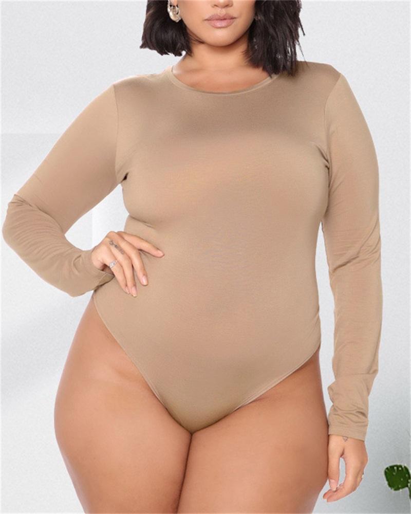 

Plus Size Plain Long Sleeve Skinny Bodysuit, Apricot